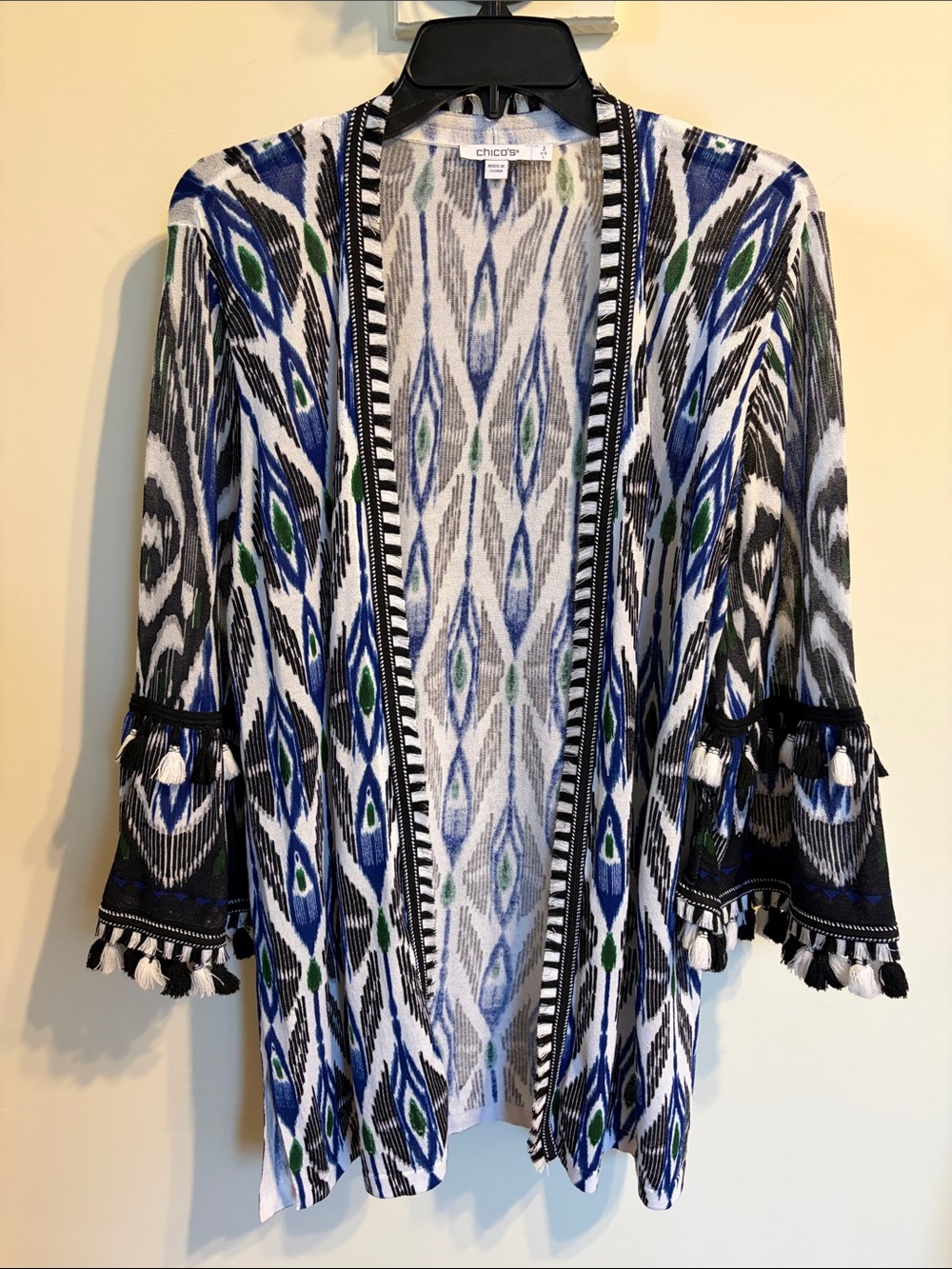 Chico’s Open Front Kimono Cardigan 2 L Ikat Tassel Bell Sleeve Blue Green